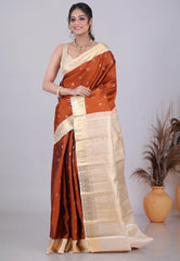 Rust Colour Pure Kanjivaram Silk Saree with Blouse Piece - Adi Akshoy & Co.