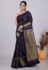 Navy Deep Blue Pure Kanjivaram Silk Saree with Blouse Piece - Adi Akshoy & Co.