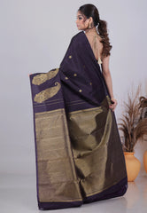 Navy Deep Blue Pure Kanjivaram Silk Saree with Blouse Piece - Adi Akshoy & Co.