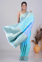 Blue & Sea Blue Mashru Silk Saree with Blouse Piece - Adi Akshoy & Co.