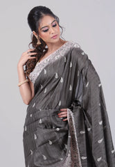 Gray Tussar Silk Saree with Blouse Piece - Adi Akshoy & Co.