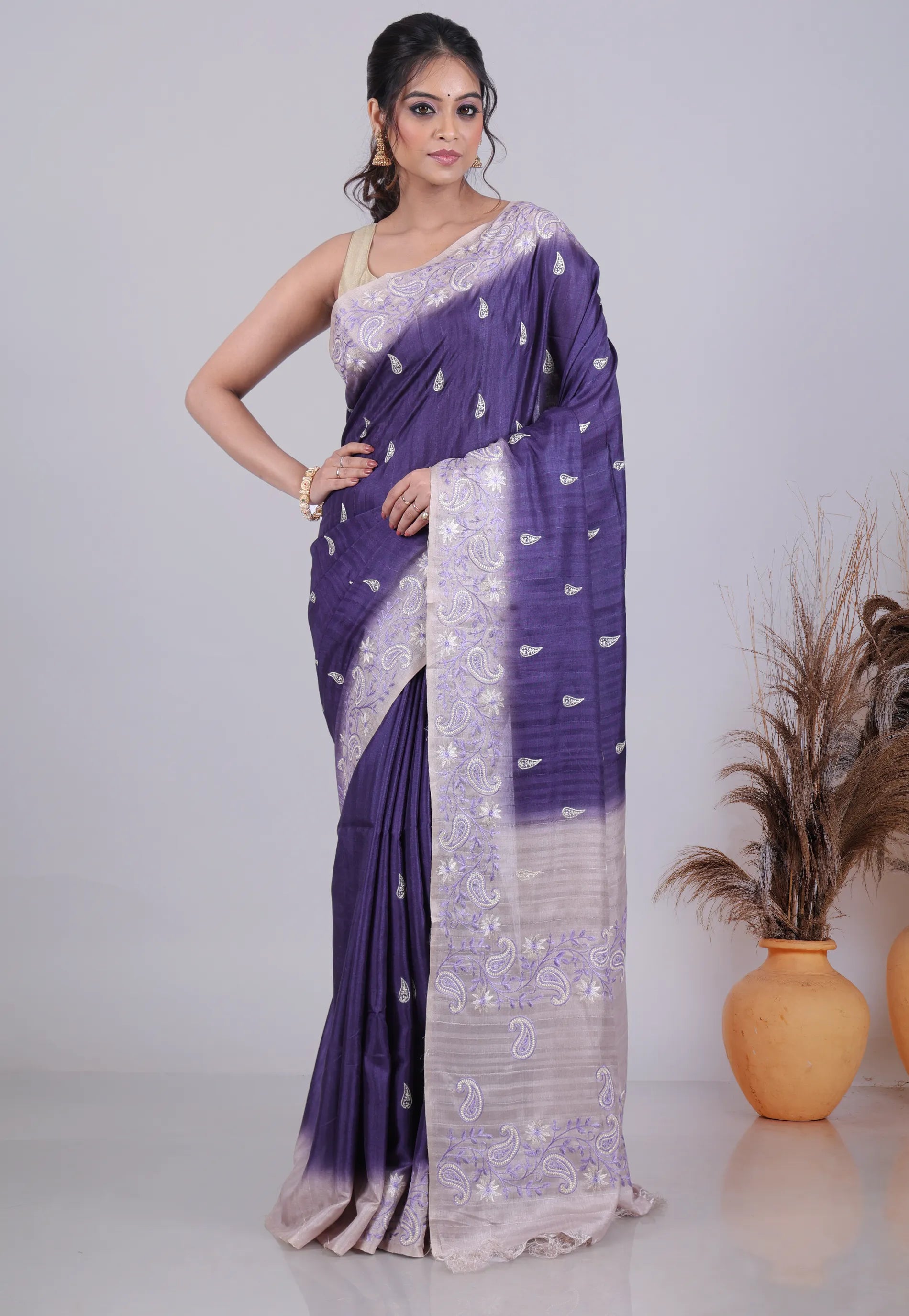 Blue Tussar Silk Saree with Blouse Piece - Adi Akshoy & Co.