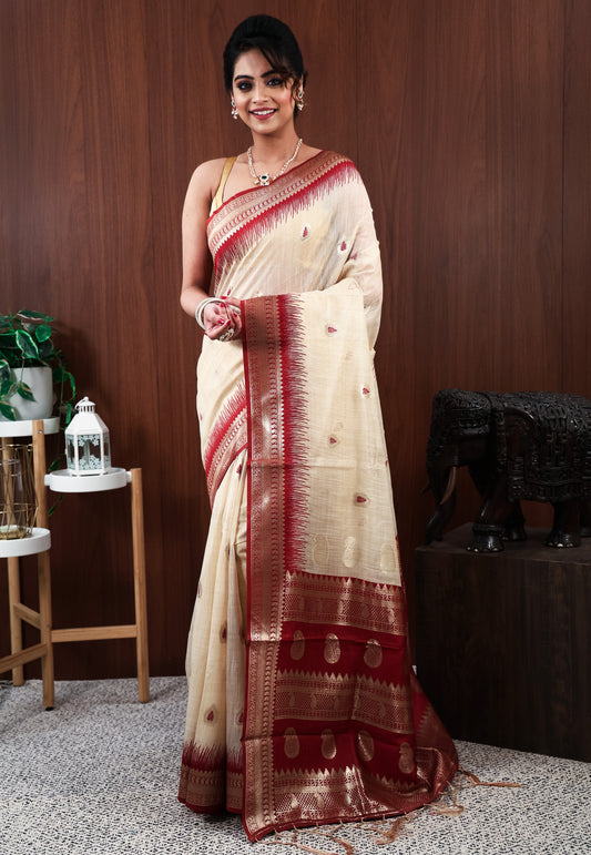 Tussar with Maroon Border Silk Saree with Blouse Piece