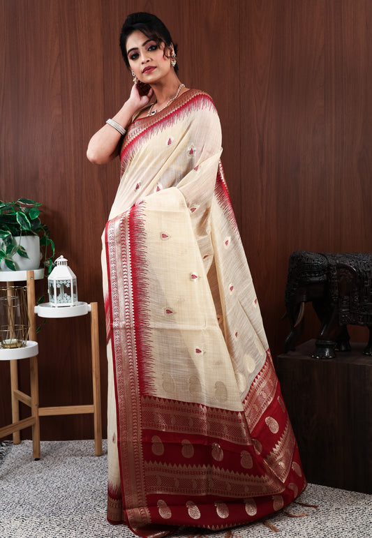 Tussar with Maroon Border Silk Saree with Blouse Piece