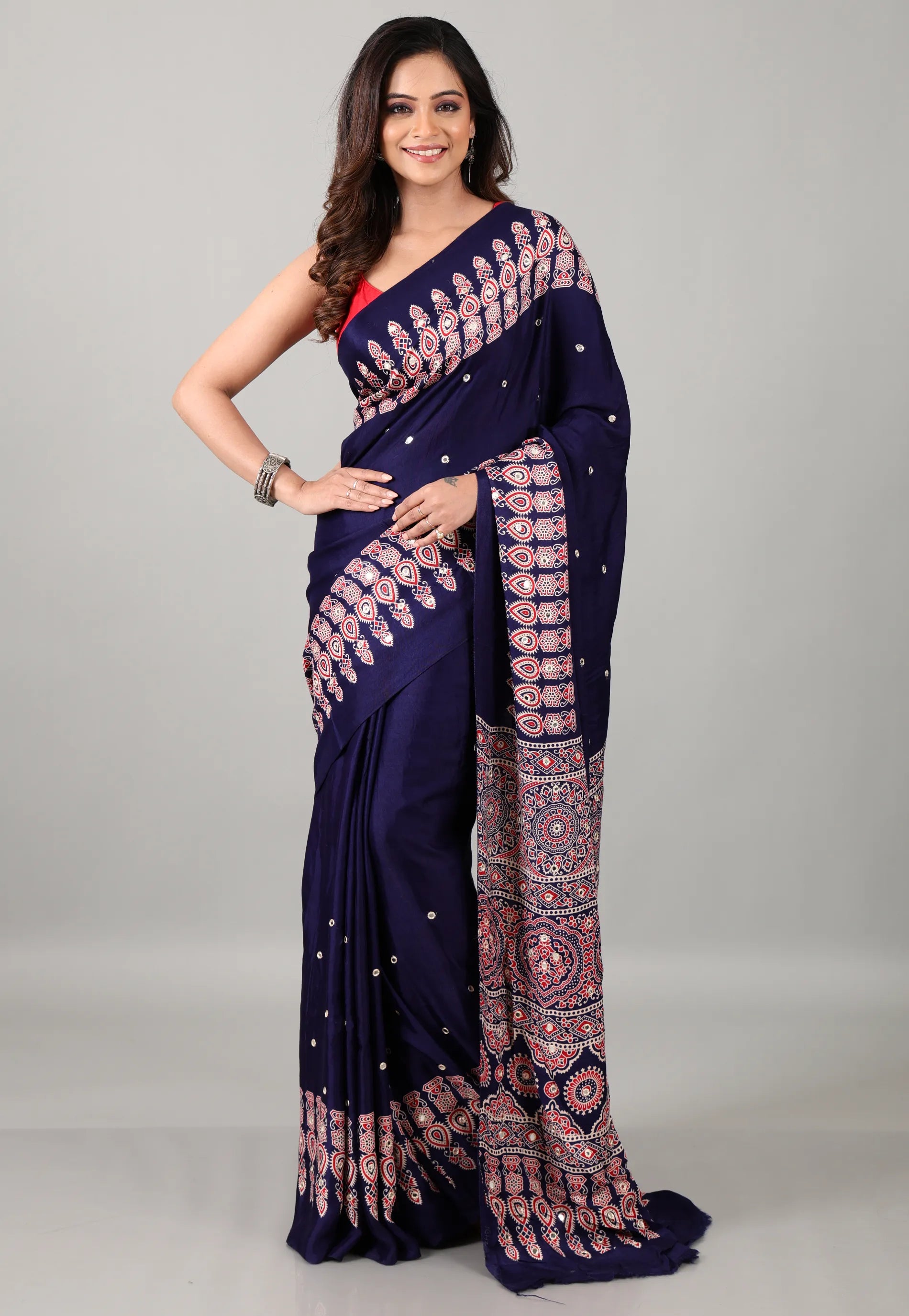 Navy Blue Mirror Work Modal Silk Saree With Blouse Piece - Adi Akshoy & Co.