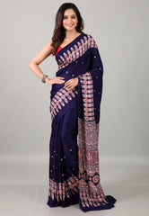 Navy Blue Mirror Work Modal Silk Saree With Blouse Piece - Adi Akshoy & Co.