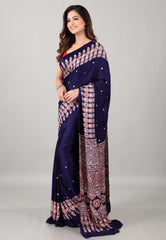 Navy Blue Mirror Work Modal Silk Saree With Blouse Piece - Adi Akshoy & Co.