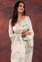 Cream Kantha Silk Saree With Blouse Piece - Adi Akshoy & Co.