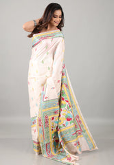 White Kantha Silk Saree With Blouse Piece - Adi Akshoy & Co.