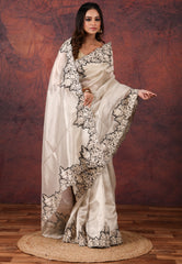 Silver Colour Tissue Kantha Silk Saree With Blouse Piece - Adi Akshoy & Co.