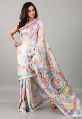 White Kantha Silk Saree With Blouse Piece - Adi Akshoy & Co.