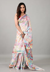White Kantha Silk Saree With Blouse Piece - Adi Akshoy & Co.