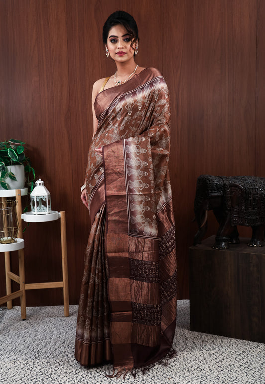 Brown Tussar Pure Silk Saree with Blouse Piece