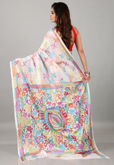 White Kantha Silk Saree With Blouse Piece - Adi Akshoy & Co.