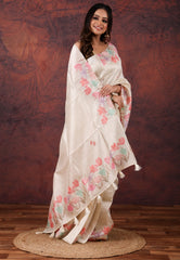Off White Kantha Silk Saree With Blouse Piece - Adi Akshoy & Co.