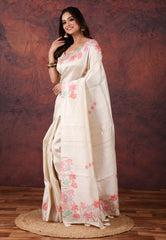 Off White Kantha Silk Saree With Blouse Piece - Adi Akshoy & Co.
