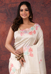 Off White Kantha Silk Saree With Blouse Piece - Adi Akshoy & Co.