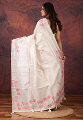 Off White Kantha Silk Saree With Blouse Piece - Adi Akshoy & Co.