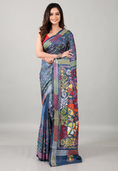 Steel Blue Kantha Silk Saree With Blouse Piece - Adi Akshoy & Co.