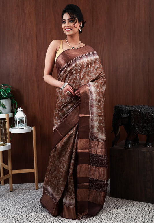 Brown Tussar Pure Silk Saree with Blouse Piece