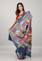 Steel Blue Kantha Silk Saree With Blouse Piece - Adi Akshoy & Co.