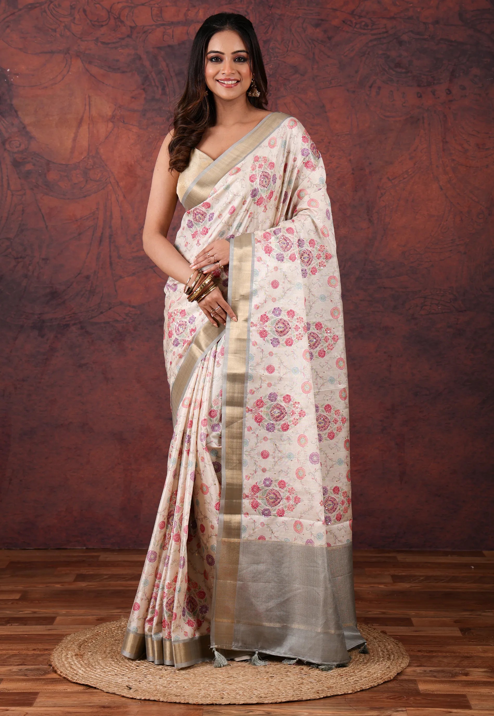 Tussar Colour Kantha Silk Saree With Blouse Piece - Adi Akshoy & Co.
