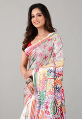 White Kantha Silk Saree With Blouse Piece - Adi Akshoy & Co.