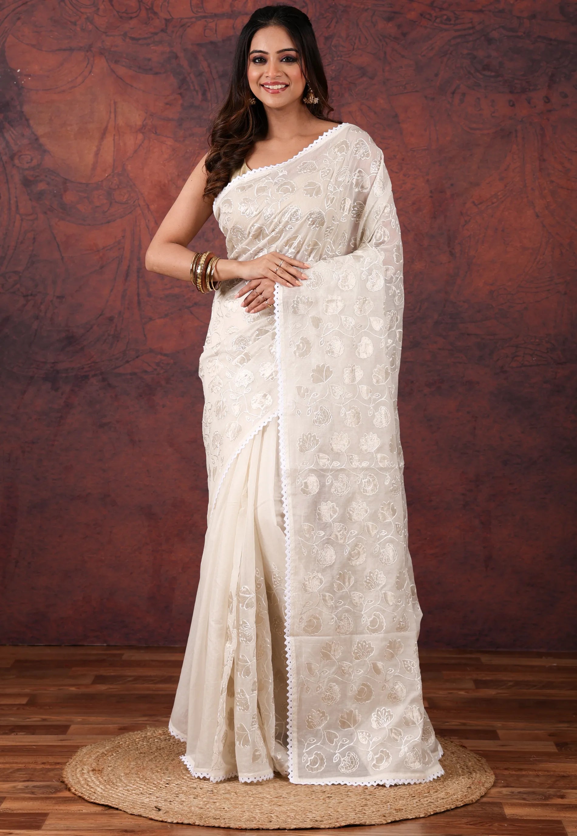 Off White Cotton Blended Kantha Saree with Blouse Piece - Adi Akshoy & Co.