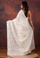 Off White Cotton Blended Kantha Saree with Blouse Piece - Adi Akshoy & Co.