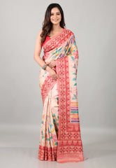 Beige Pure Tussar Kantha Silk Saree With Blouse Piece - Adi Akshoy & Co.