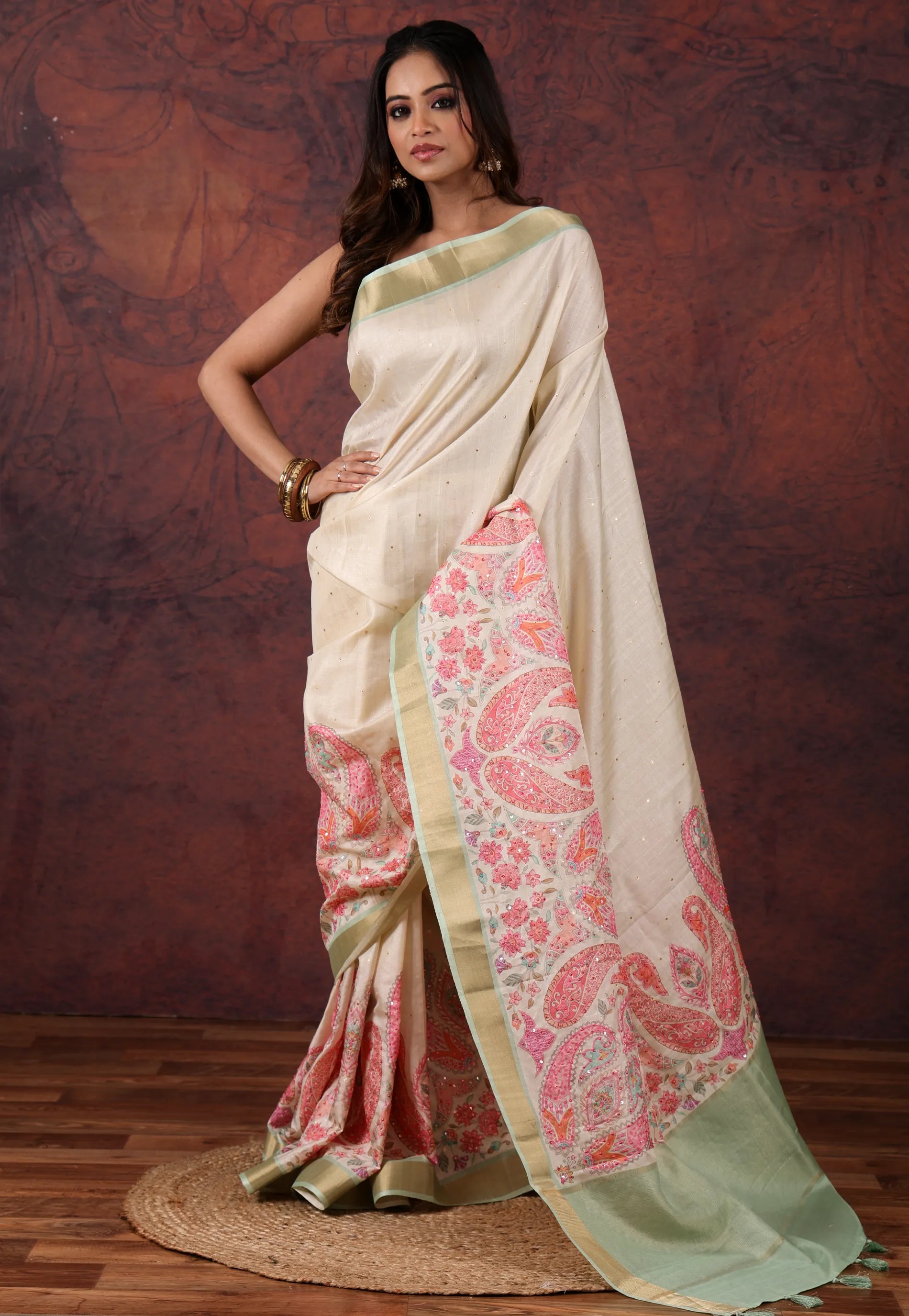Tussar Colour Kantha Silk Saree With Blouse Piece - Adi Akshoy & Co.