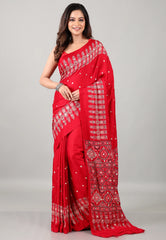Red Mirror Work Modal Silk Saree With Blouse Piece - Adi Akshoy & Co.