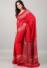 Red Mirror Work Modal Silk Saree With Blouse Piece - Adi Akshoy & Co.