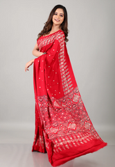 Red Mirror Work Modal Silk Saree With Blouse Piece - Adi Akshoy & Co.