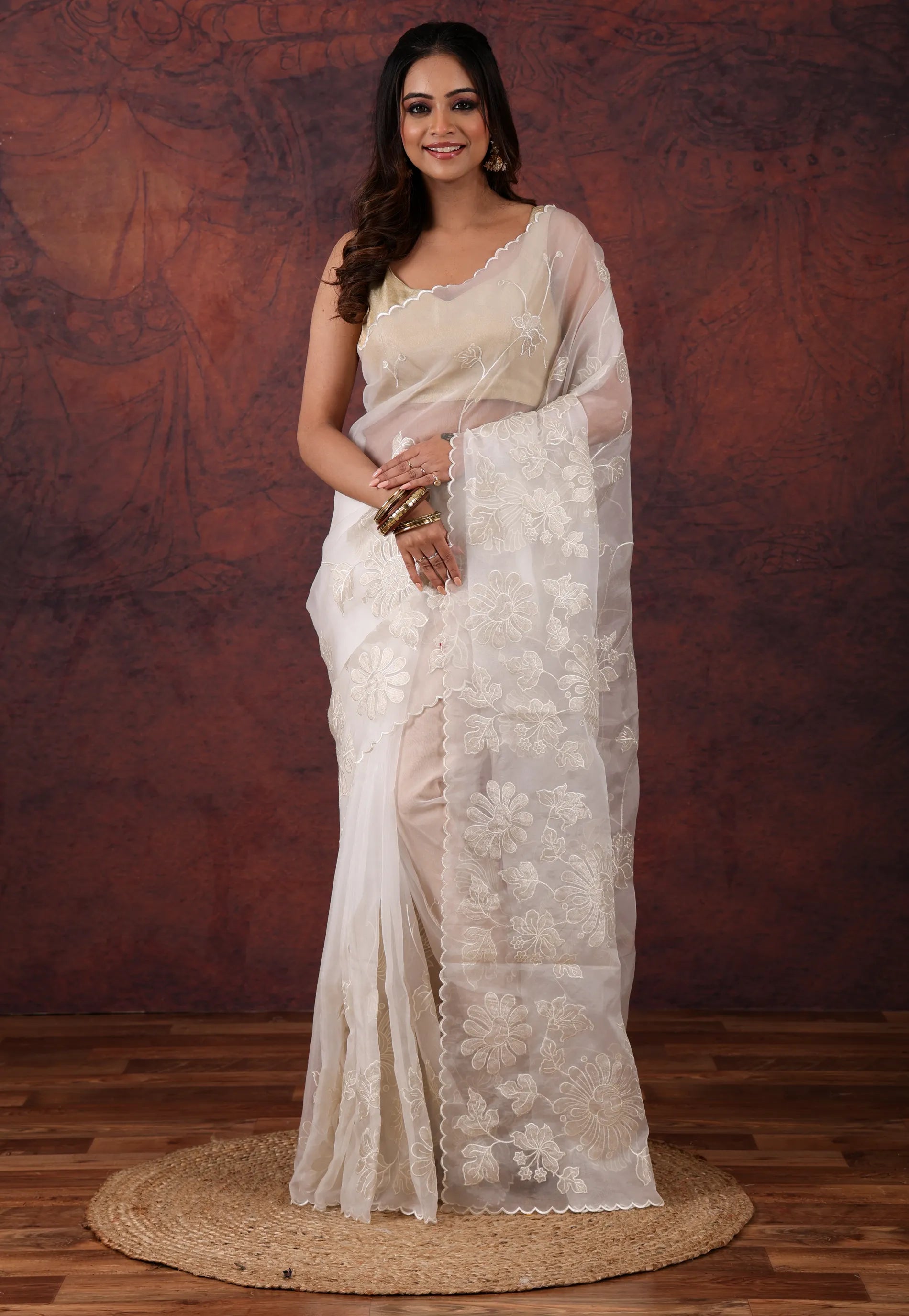 Off White Organza Kantha Saree with Blouse Piece - Adi Akshoy & Co.