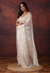 Off White Organza Kantha Saree with Blouse Piece - Adi Akshoy & Co.
