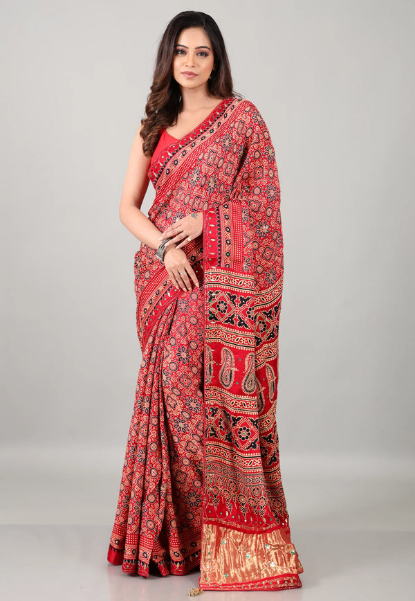 Red Pure Modal Work Silk Saree With Blouse Piece - Adi Akshoy & Co.