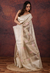 Golden Silver Colour Tissue Kantha Silk Saree With Blouse Piece - Adi Akshoy & Co.