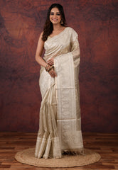 Golden Silver Colour Tissue Kantha Silk Saree With Blouse Piece - Adi Akshoy & Co.