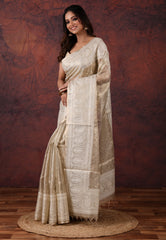  Golden Silver Colour Tissue Kantha Silk Saree With Blouse Piece - Adi Akshoy & Co.