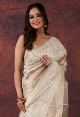  Golden Silver Colour Tissue Kantha Silk Saree With Blouse Piece - Adi Akshoy & Co.