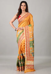 Yellow Pure Tussar Kantha Silk Saree With Blouse Piece - Adi Akshoy & Co.