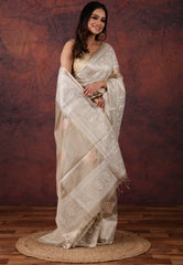 Golden Silver Colour Tissue Kantha Silk Saree With Blouse Piece - Adi Akshoy & Co.