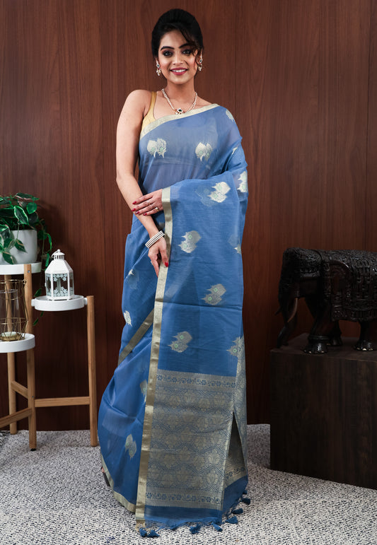 Blue Tussar Silk Saree with Blouse Piece