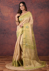 Golden with Green Tissue Embroidery Saree with Blouse Piece - Adi Akshoy & Co.