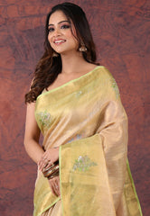 Golden with Green Tissue Embroidery Saree with Blouse Piece - Adi Akshoy & Co.