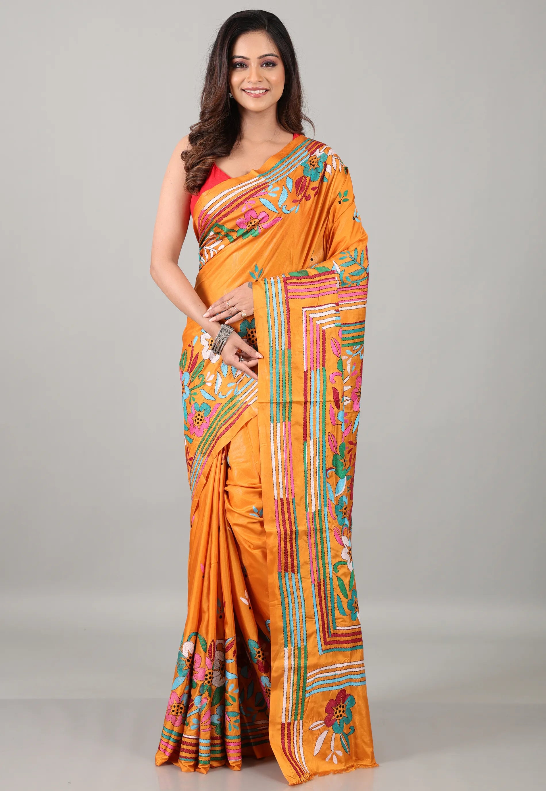 Orange Kantha Silk Saree with Blouse Piece - Adi Akshoy & Co.