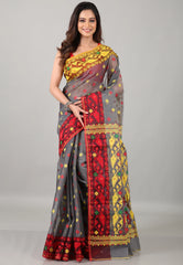 Gray Dhakai Jamdani Cotton Saree with Blouse Piece - Adi Akshoy & Co.