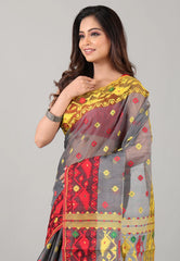 Gray Dhakai Jamdani Cotton Saree with Blouse Piece - Adi Akshoy & Co.