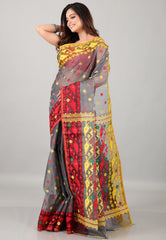 Gray Dhakai Jamdani Cotton Saree with Blouse Piece - Adi Akshoy & Co.
